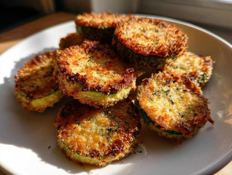 Close-up of golden brown, crispy baked parmesan zucchini slices piled on a white plate.