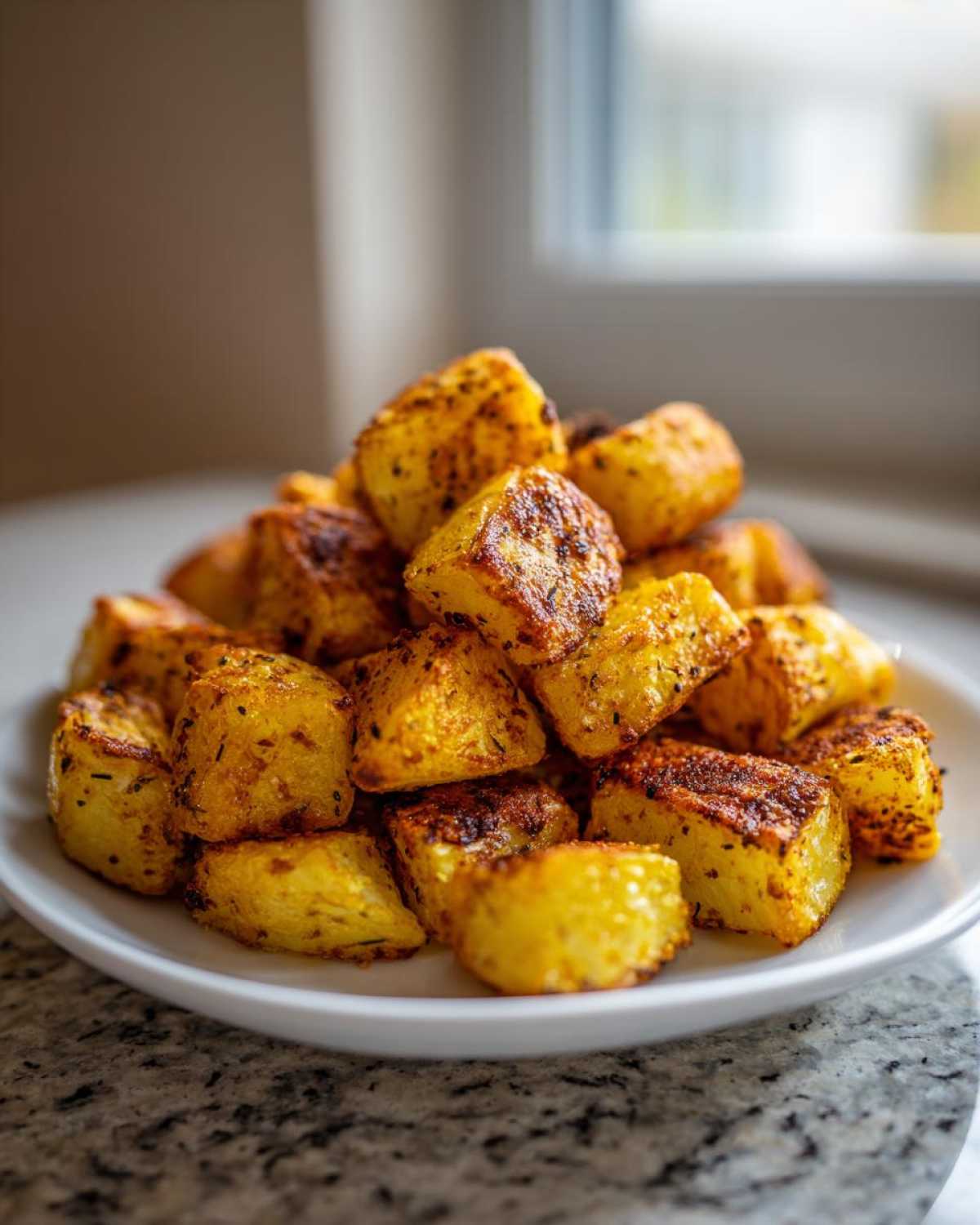 A mound of perfectly seasoned and crispy breakfast potatoes piled high on a white plate.