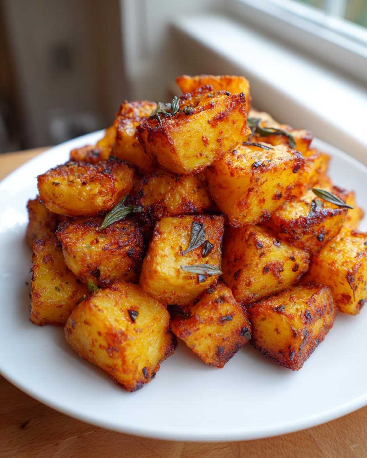 A mound of perfectly golden and crispy breakfast potatoes seasoned with herbs on a white plate.