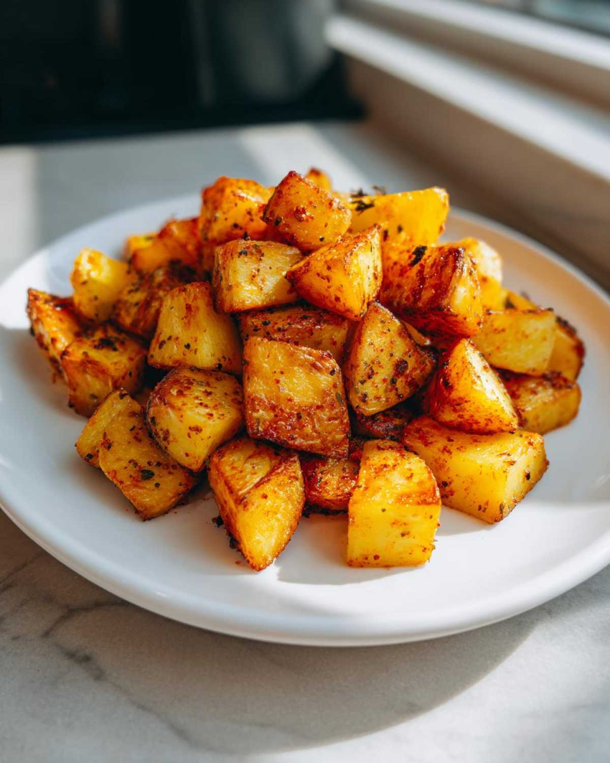 A mound of golden brown, crispy breakfast potatoes seasoned with spices, served on a white plate.