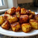 A close-up of perfectly crispy, golden-brown breakfast potatoes seasoned with herbs on a white plate.