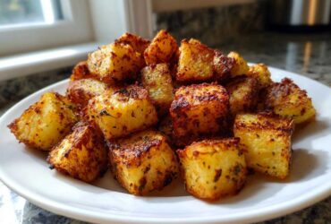A close-up of perfectly crispy, golden-brown breakfast potatoes seasoned with herbs on a white plate.