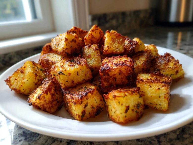 A close-up of perfectly crispy, golden-brown breakfast potatoes seasoned with herbs on a white plate.