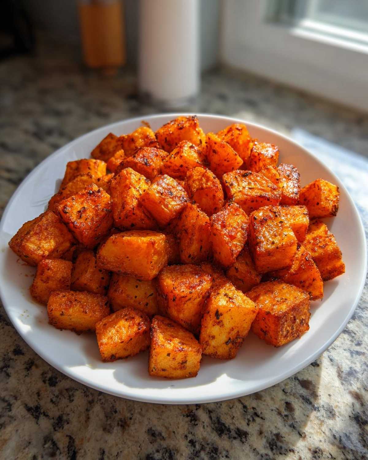 A white plate piled high with golden brown, crispy seasoned breakfast potatoes.