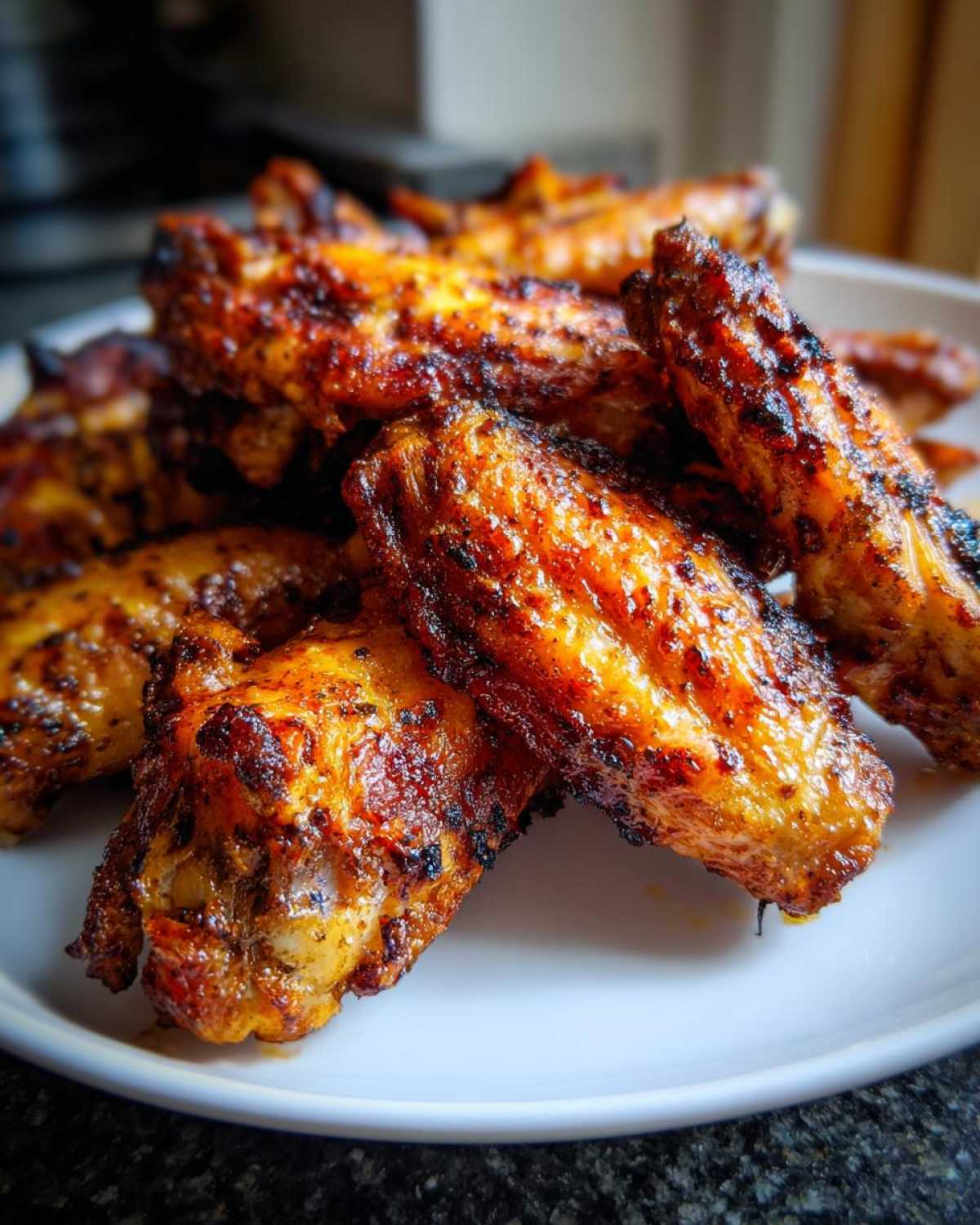 A close-up shot of several perfectly cooked, crispy, and slightly charred chicken wings piled on a white plate.