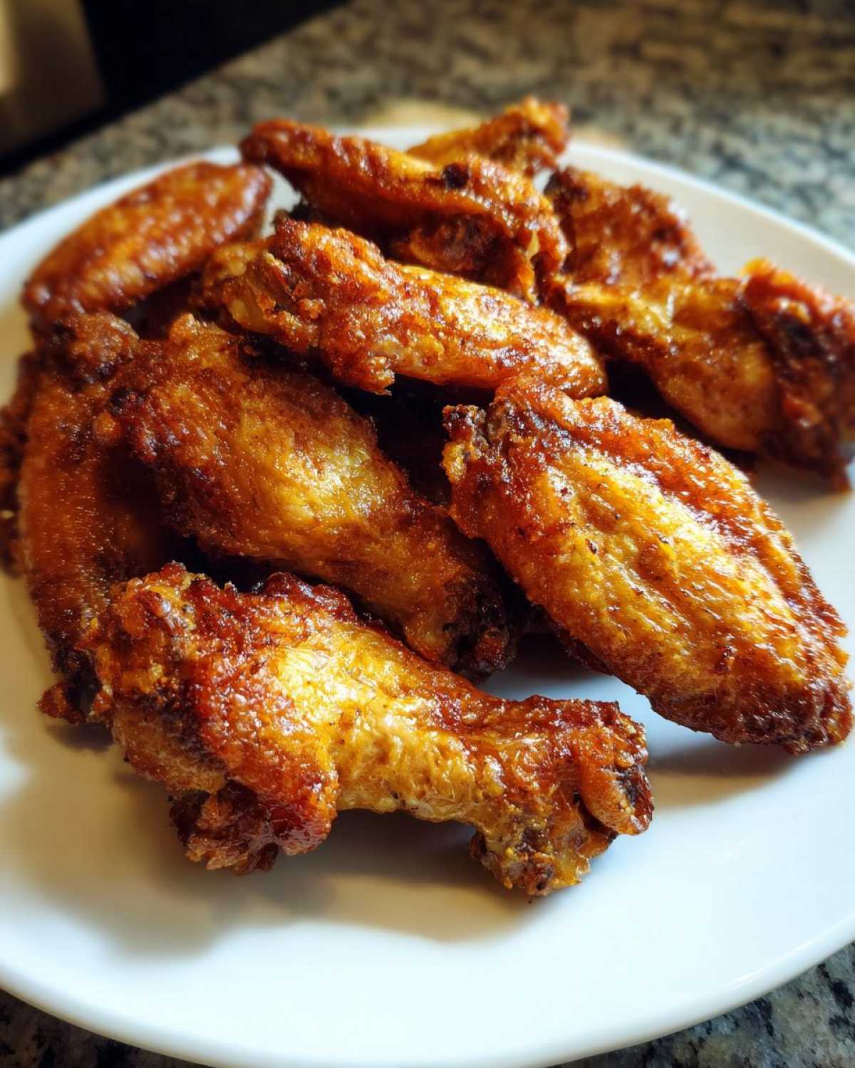 A pile of perfectly cooked, crispy chicken wings with a golden-brown glaze served on a white plate.