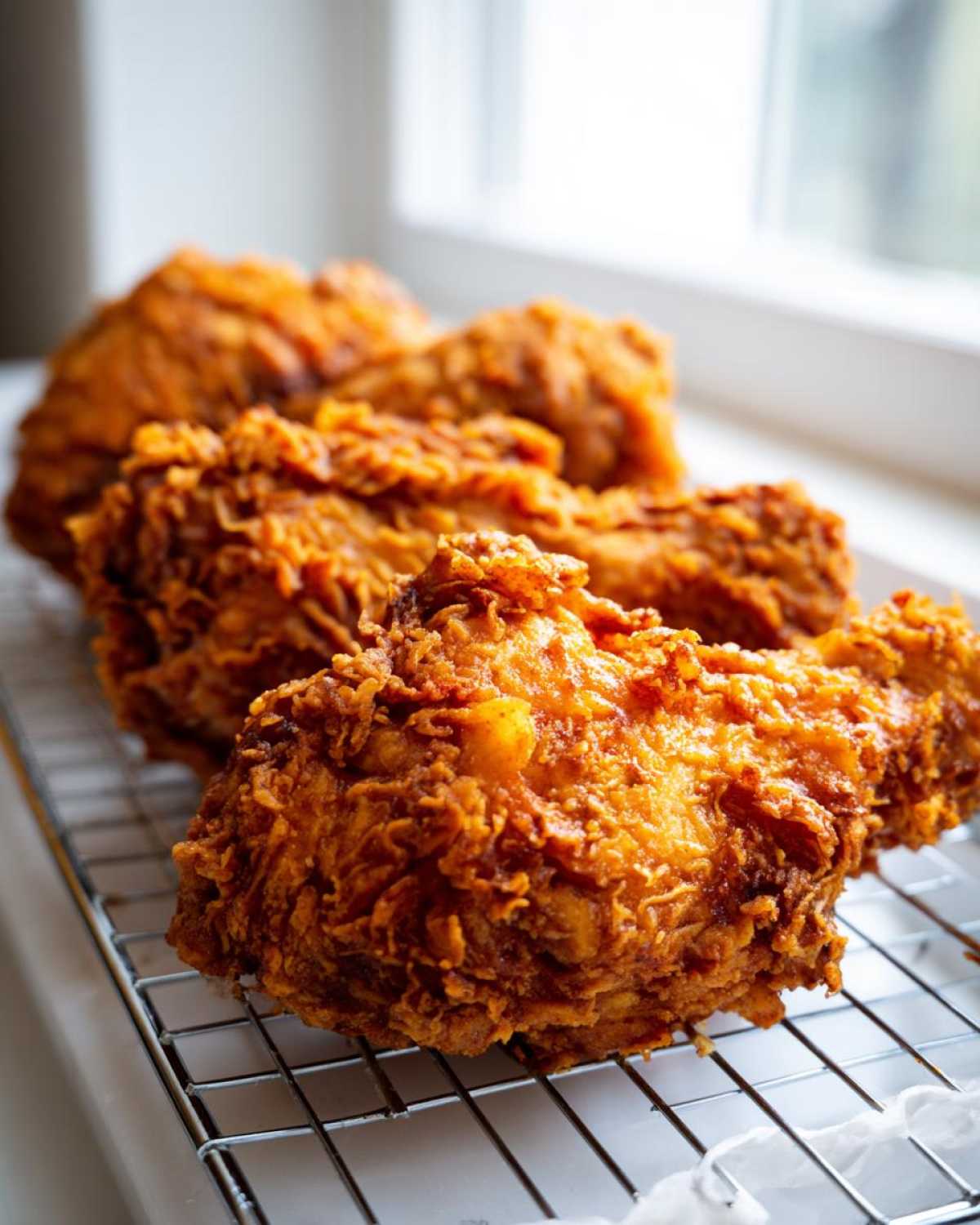 Close-up of perfectly cooked, crispy fried chicken pieces resting on a wire cooling rack near a bright window.