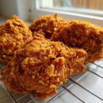 Four pieces of golden brown, extra crispy fried chicken resting on a wire cooling rack.