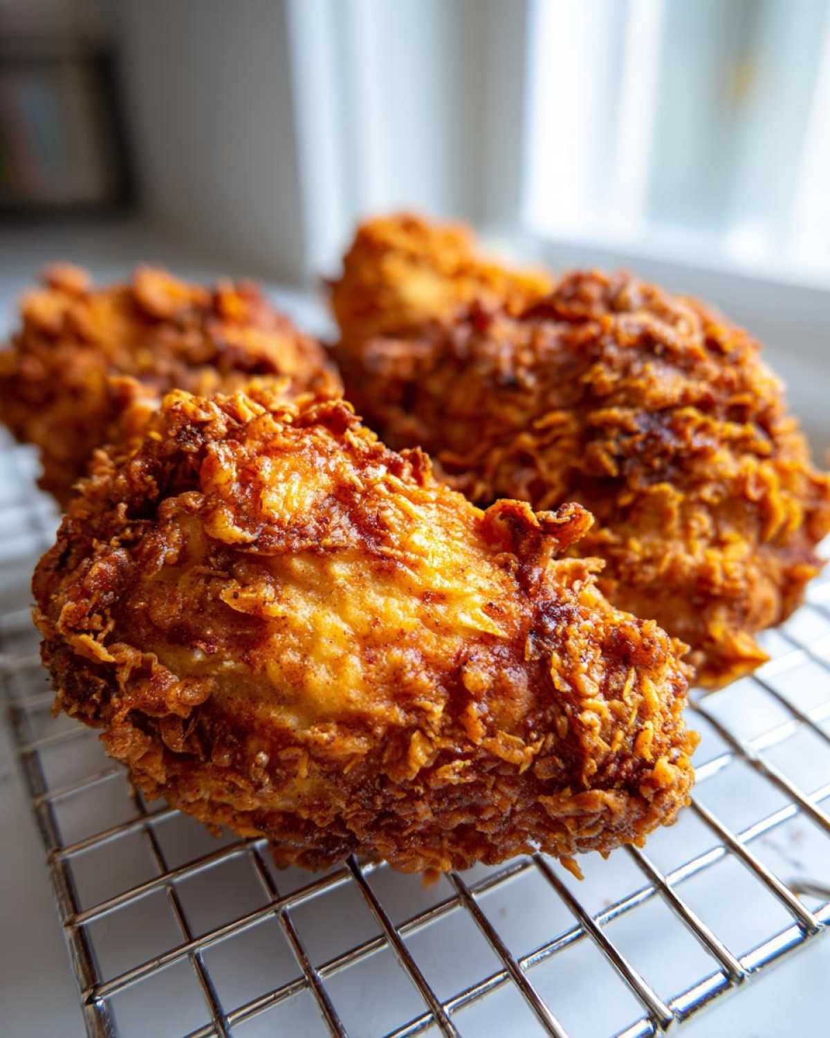 Close-up of several pieces of perfectly cooked, crispy fried chicken resting on a wire cooling rack.