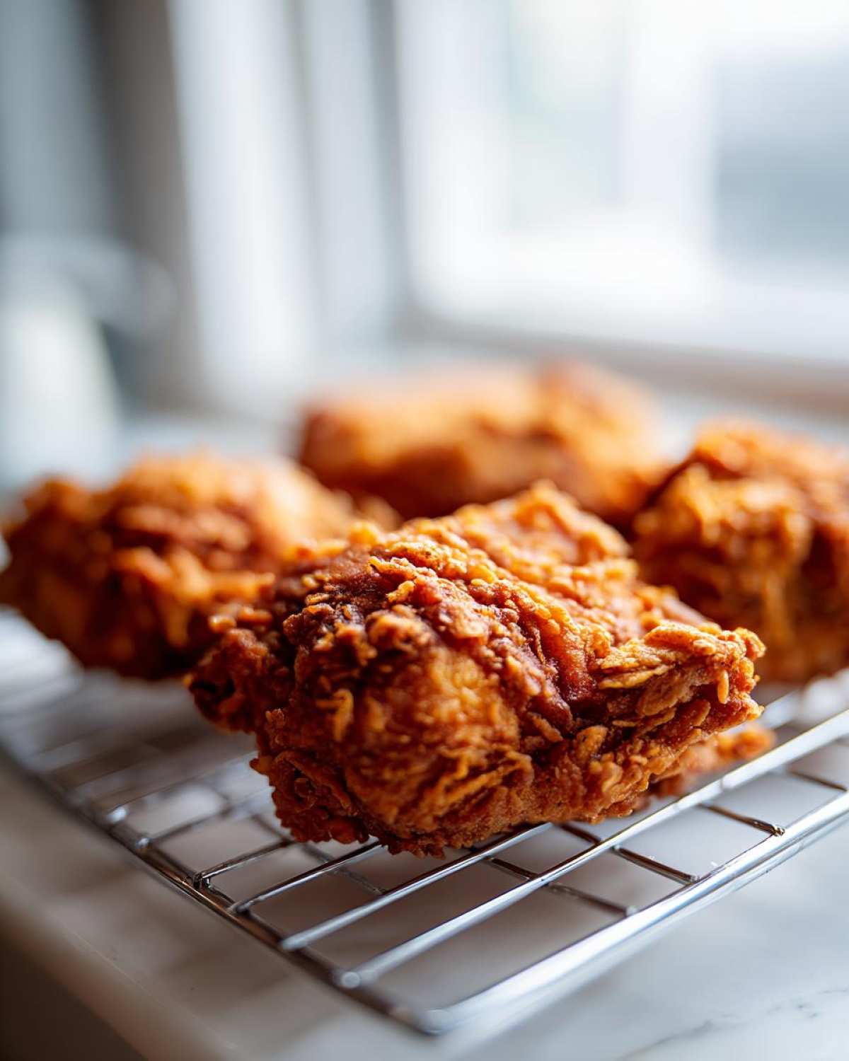 Close-up of golden brown, crispy fried chicken pieces resting on a wire cooling rack.