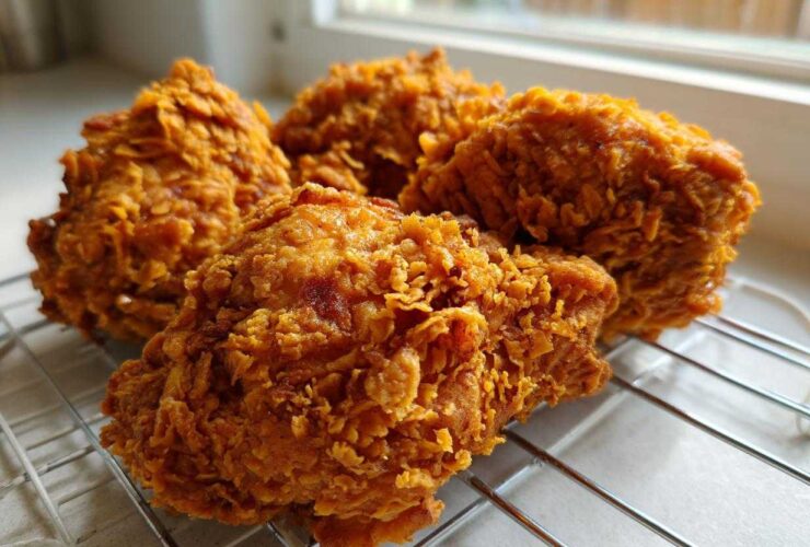 Four pieces of golden brown, extra crispy fried chicken resting on a wire cooling rack.