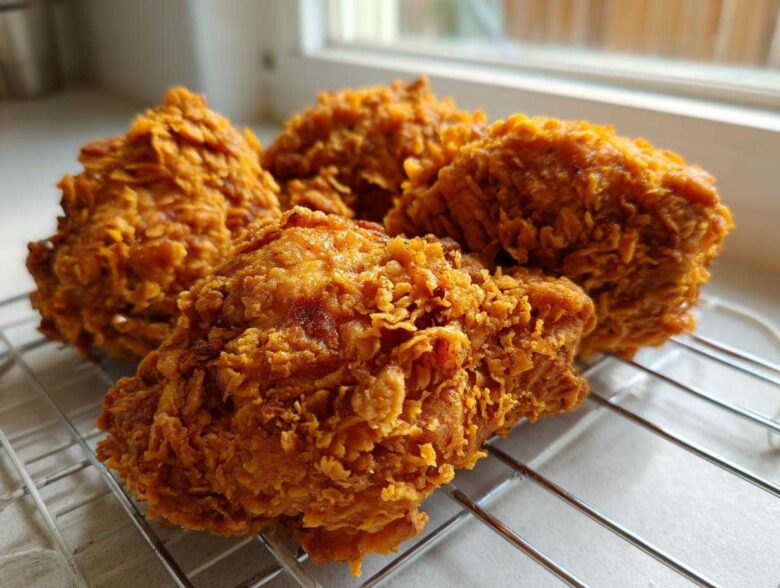 Four pieces of golden brown, extra crispy fried chicken resting on a wire cooling rack.
