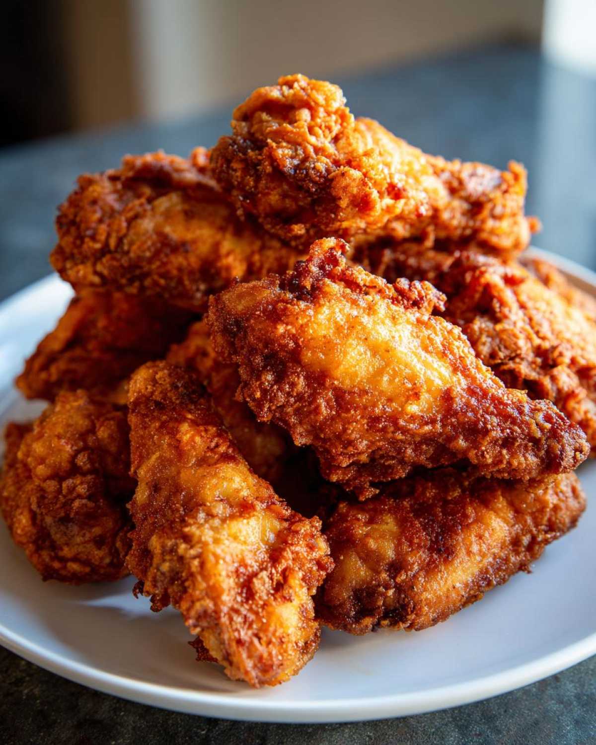 Close-up of a large pile of golden brown, crispy fried chicken wings stacked high on a white plate.
