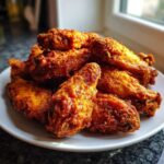 A close-up of a generous pile of golden-brown, crispy fried chicken wings served on a white plate.