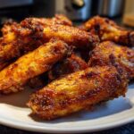 A close-up of several golden brown, crispy chicken wings piled high on a white plate.
