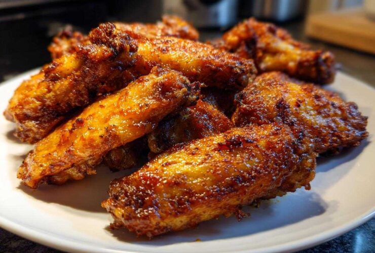 A close-up of several golden brown, crispy chicken wings piled high on a white plate.