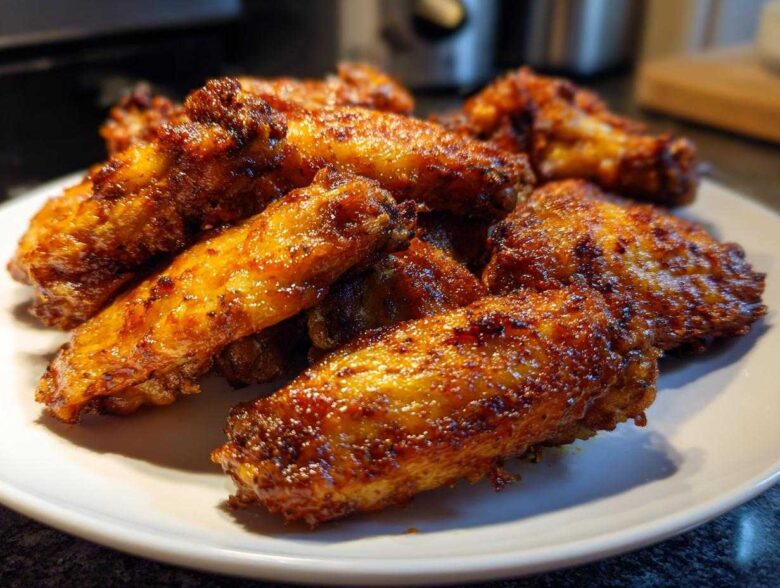 A close-up of several golden brown, crispy chicken wings piled high on a white plate.