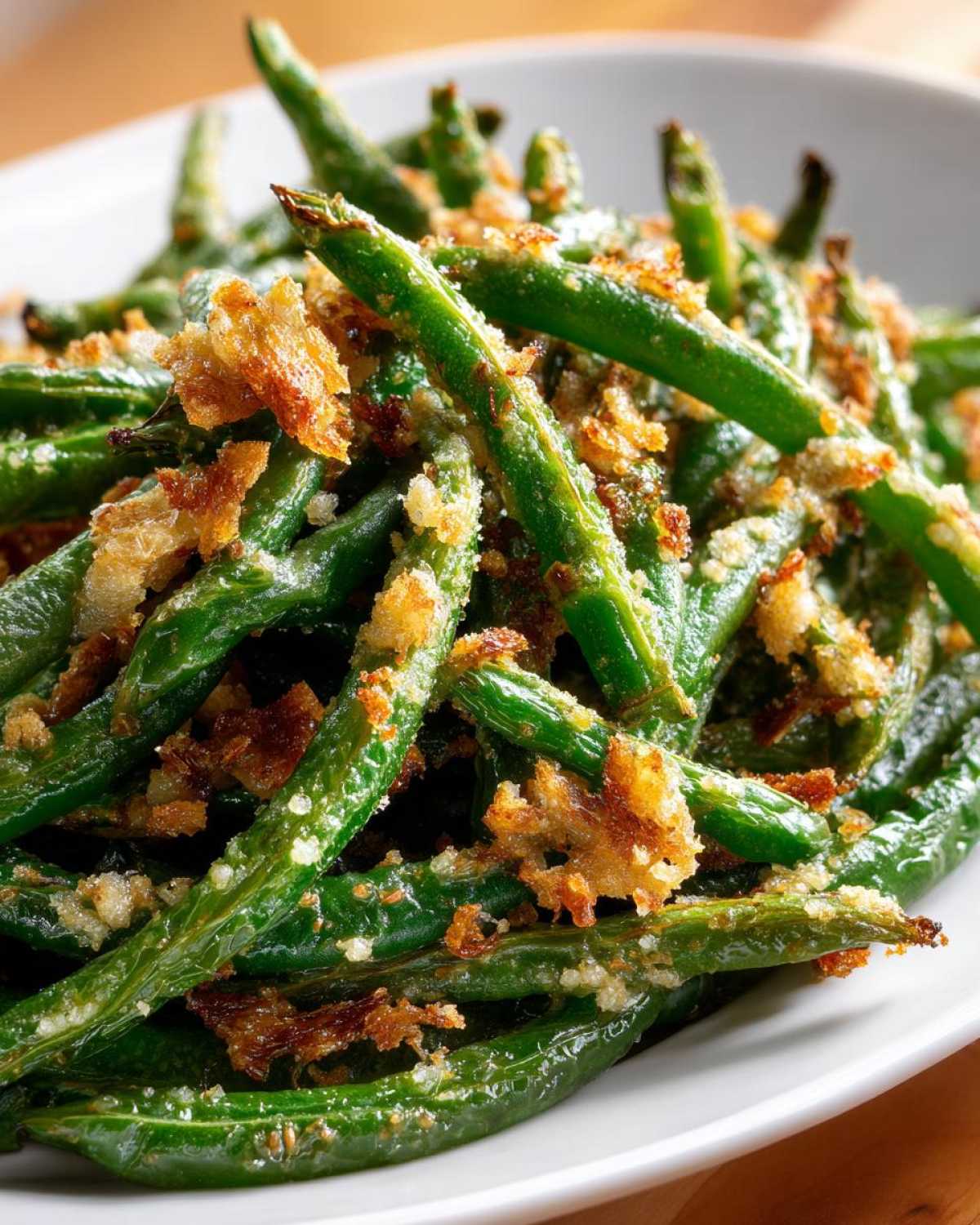 Close-up of vibrant green beans topped with crispy, golden brown breadcrumbs.