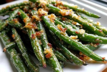 Close-up of bright green beans topped with golden brown, crispy breadcrumbs, highlighting the texture of the green beans.