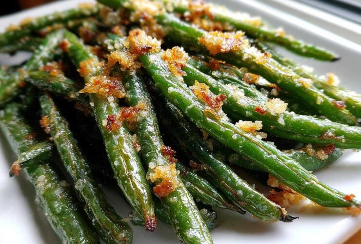Close-up of bright green beans topped with golden brown, crispy breadcrumbs, highlighting the texture of the green beans.