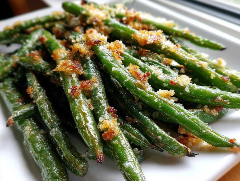 Close-up of bright green beans topped with golden brown, crispy breadcrumbs, highlighting the texture of the green beans.