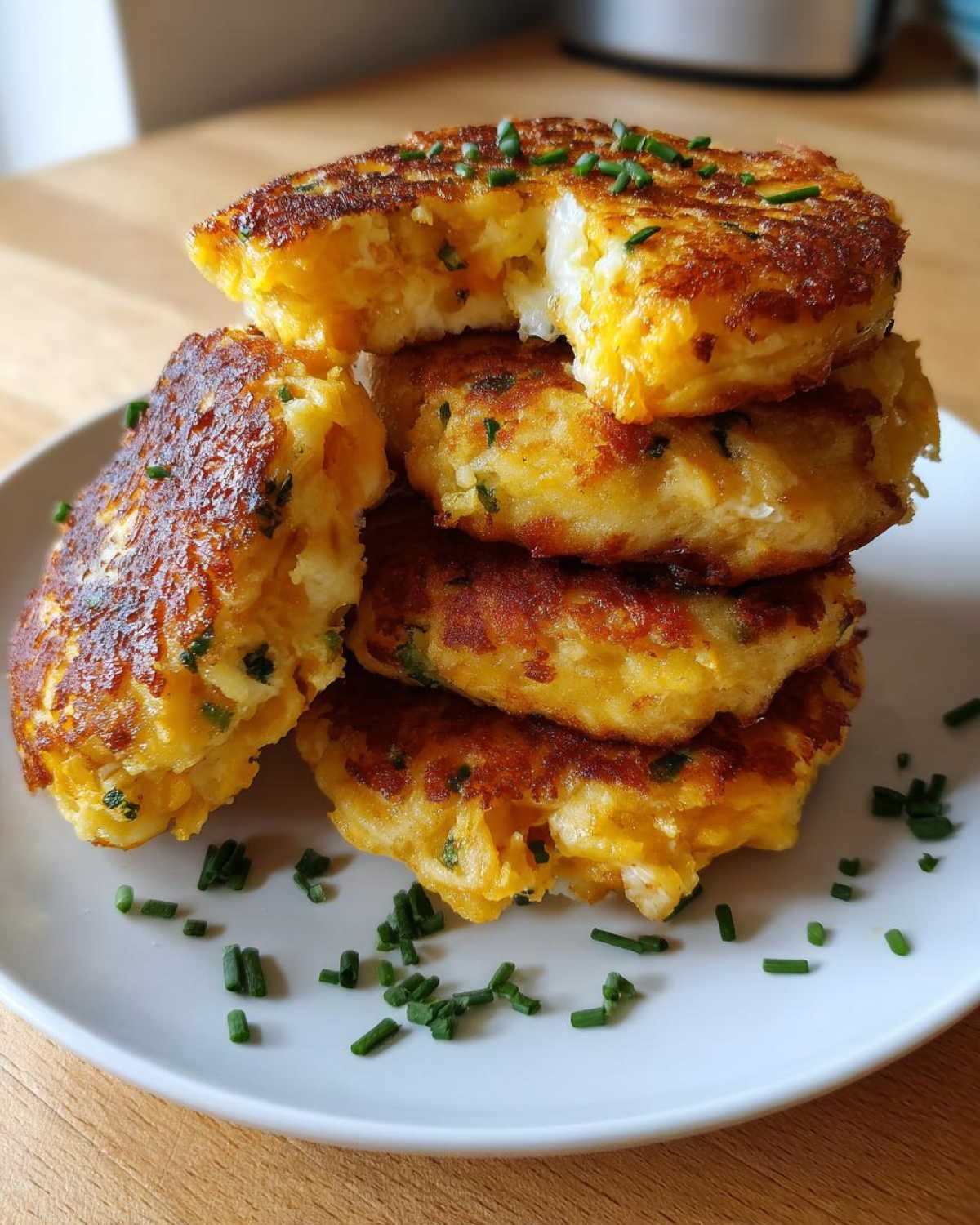 A stack of five golden-brown, crispy mashed potato cakes garnished with fresh chopped chives.