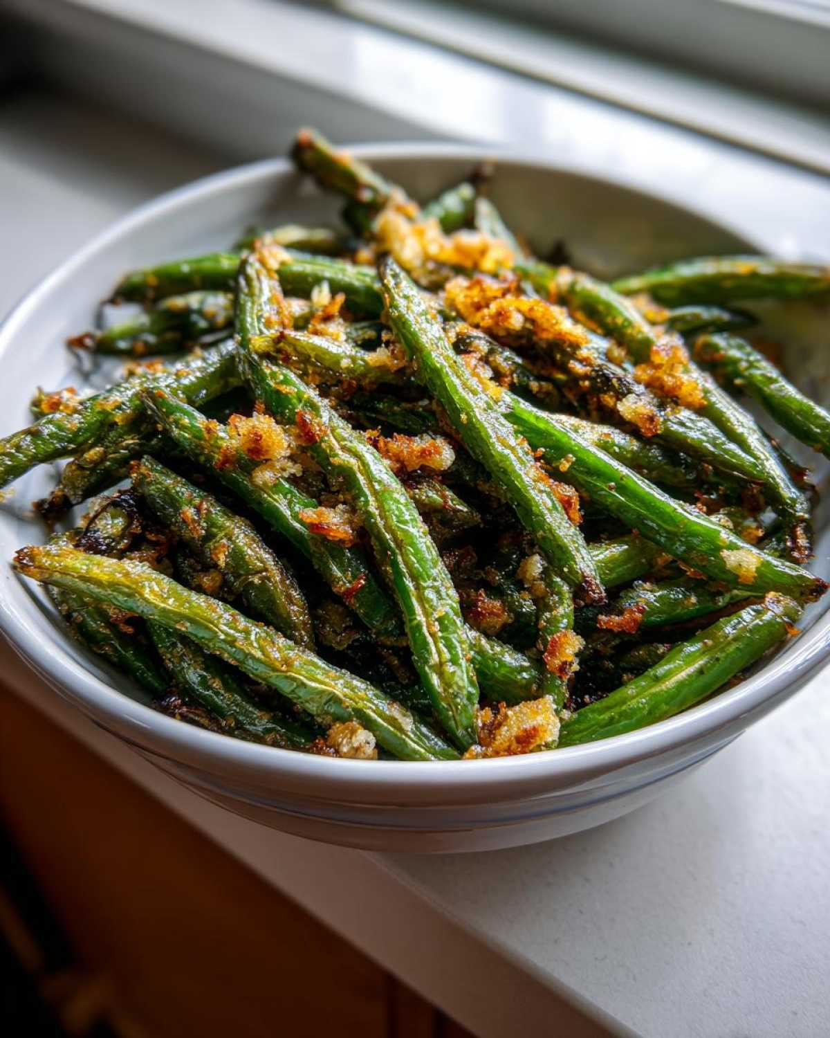 Close-up of vibrant, roasted green beans topped with crispy breadcrumbs.