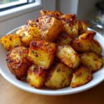 A white bowl piled high with golden brown, crispy breakfast potatoes seasoned with spices and herbs.