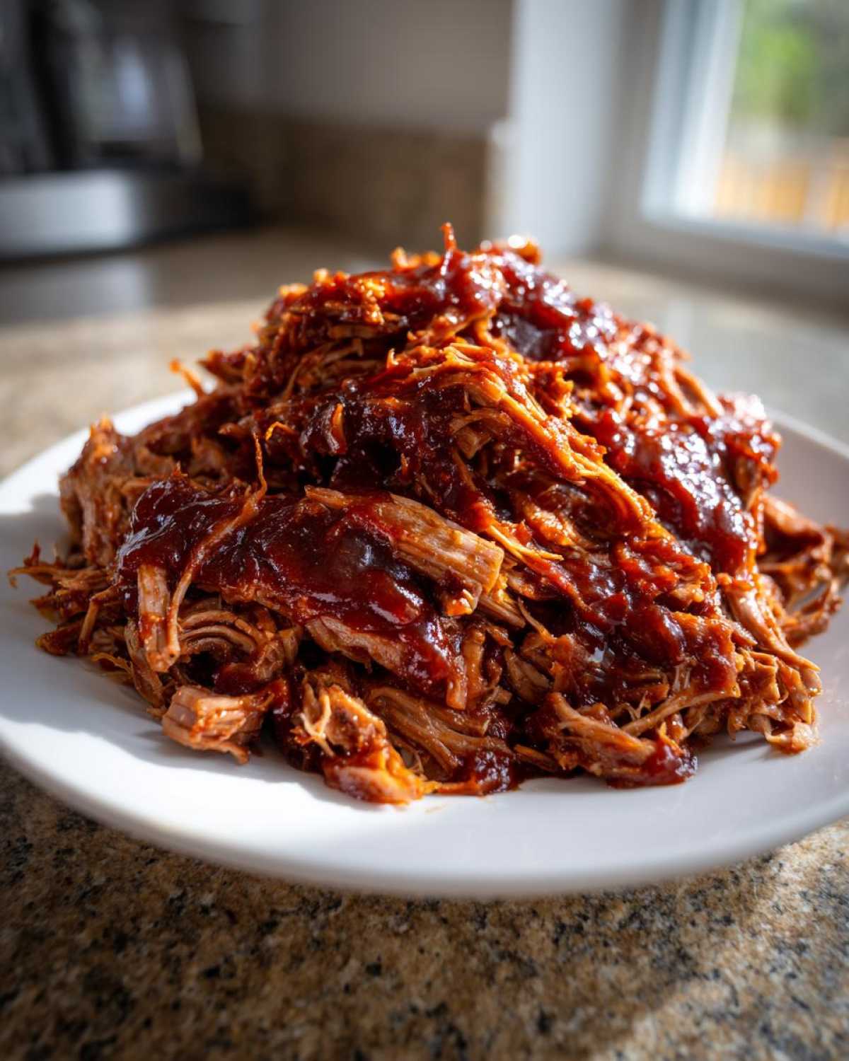 A close-up of shredded, saucy crock pot pulled pork piled high on a white plate, ready to serve.