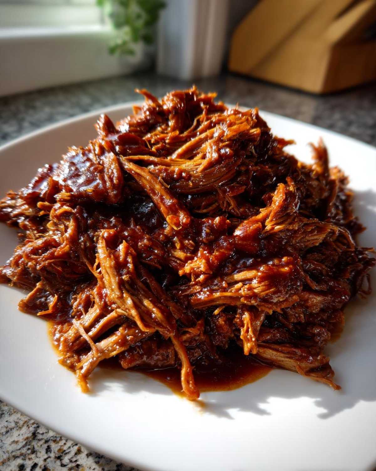 A close-up of tender, shredded crock pot pulled pork coated in rich barbecue sauce served on a white plate.