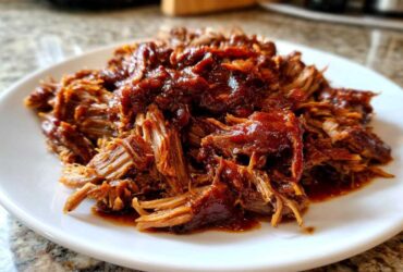 Close-up of tender, shredded crock pot pulled pork smothered in rich BBQ sauce on a white plate.