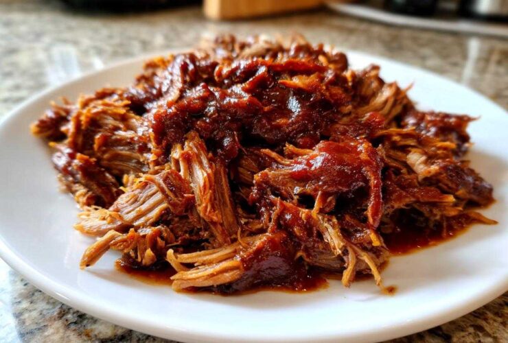 Close-up of tender, shredded crock pot pulled pork smothered in rich BBQ sauce on a white plate.
