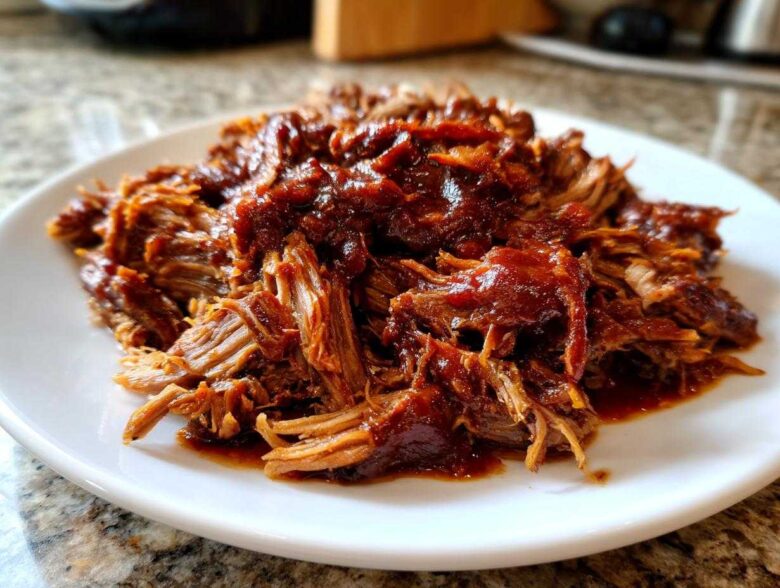 Close-up of tender, shredded crock pot pulled pork smothered in rich BBQ sauce on a white plate.