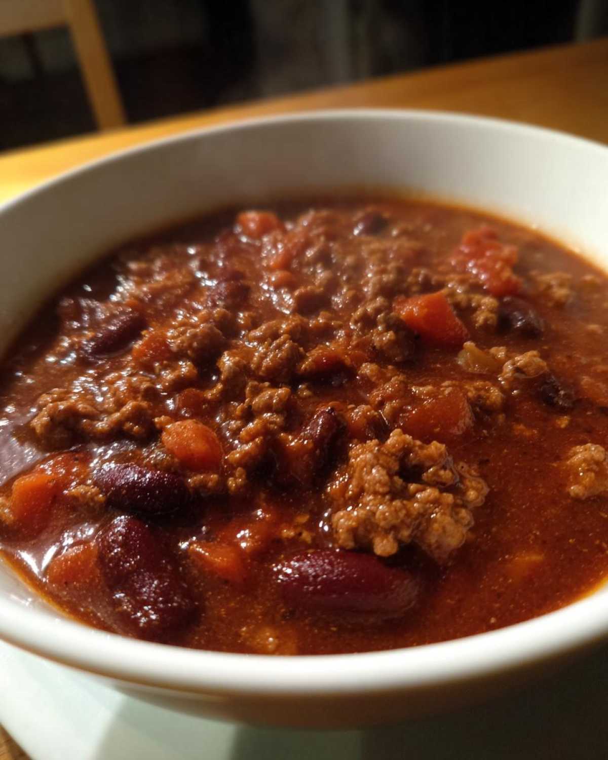 Close-up of a white bowl filled with rich, thick crockpot chili featuring ground beef and kidney beans in a savory red sauce.