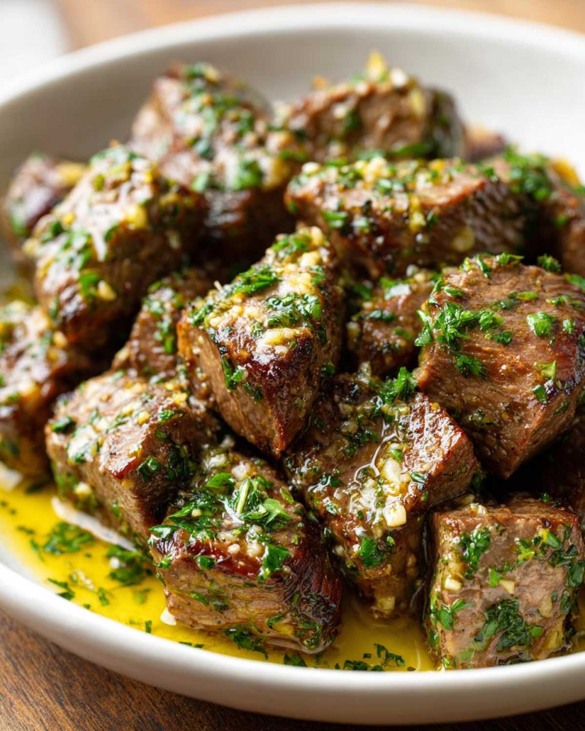 Close-up of tender, cubed crockpot steak bites coated in a glistening garlic and parsley butter sauce.