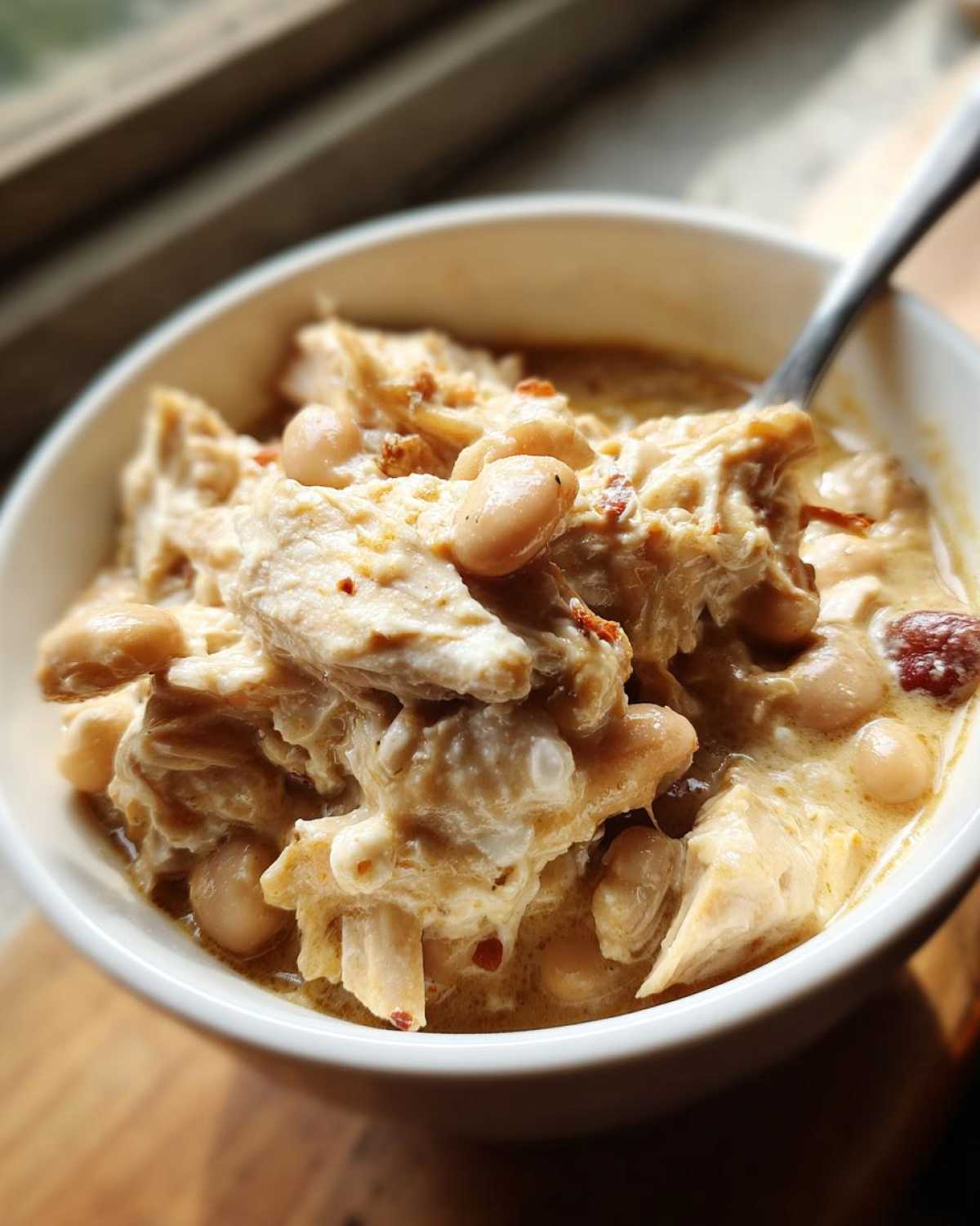 Close-up of a hearty bowl of crockpot white chicken chili with shredded chicken and white beans in a creamy sauce.