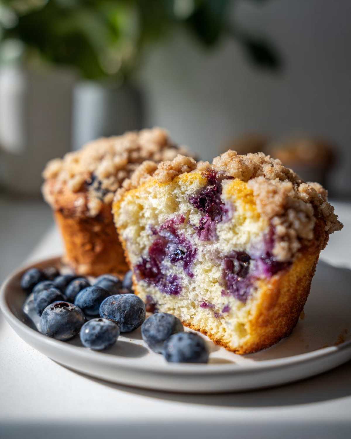 A close-up of a delicious blueberry muffin cut in half, showing moist interior and crumb topping, served with fresh blueberries.