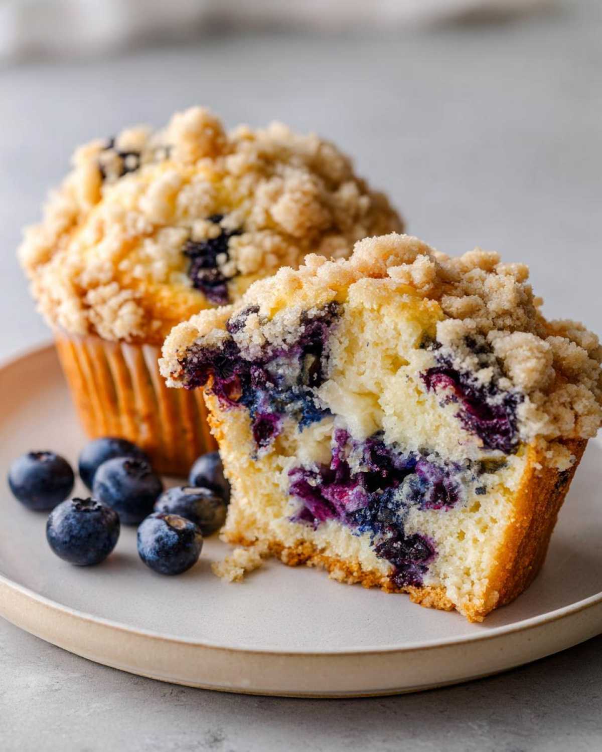 Close-up of a delicious blueberry muffin cut in half, showing moist interior and crumb topping.