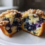 Close-up of a homemade blueberry muffin cut in half, showing moist interior packed with blueberries and a crumb topping.