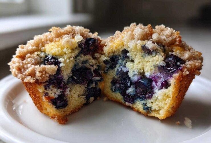 Close-up of a homemade blueberry muffin cut in half, showing moist interior packed with blueberries and a crumb topping.
