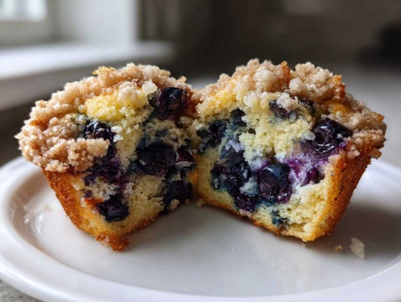Close-up of a homemade blueberry muffin cut in half, showing moist interior packed with blueberries and a crumb topping.