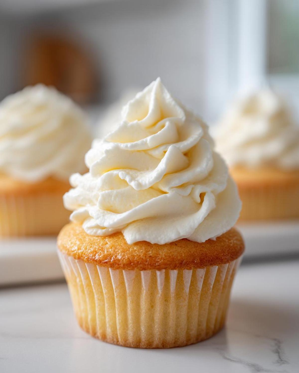 A close-up of a vanilla cupcake topped with a generous swirl of creamy vanilla buttercream frosting.