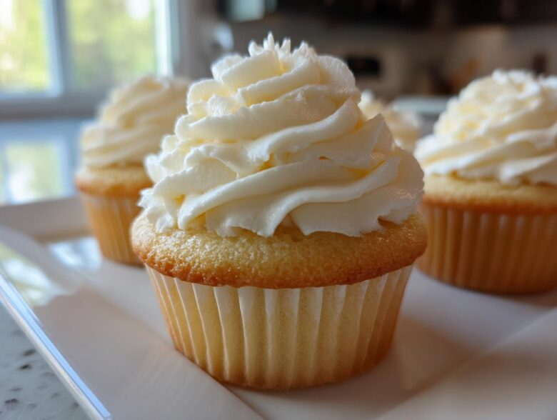 Close-up of a vanilla cupcake topped with perfectly piped, creamy vanilla buttercream frosting.