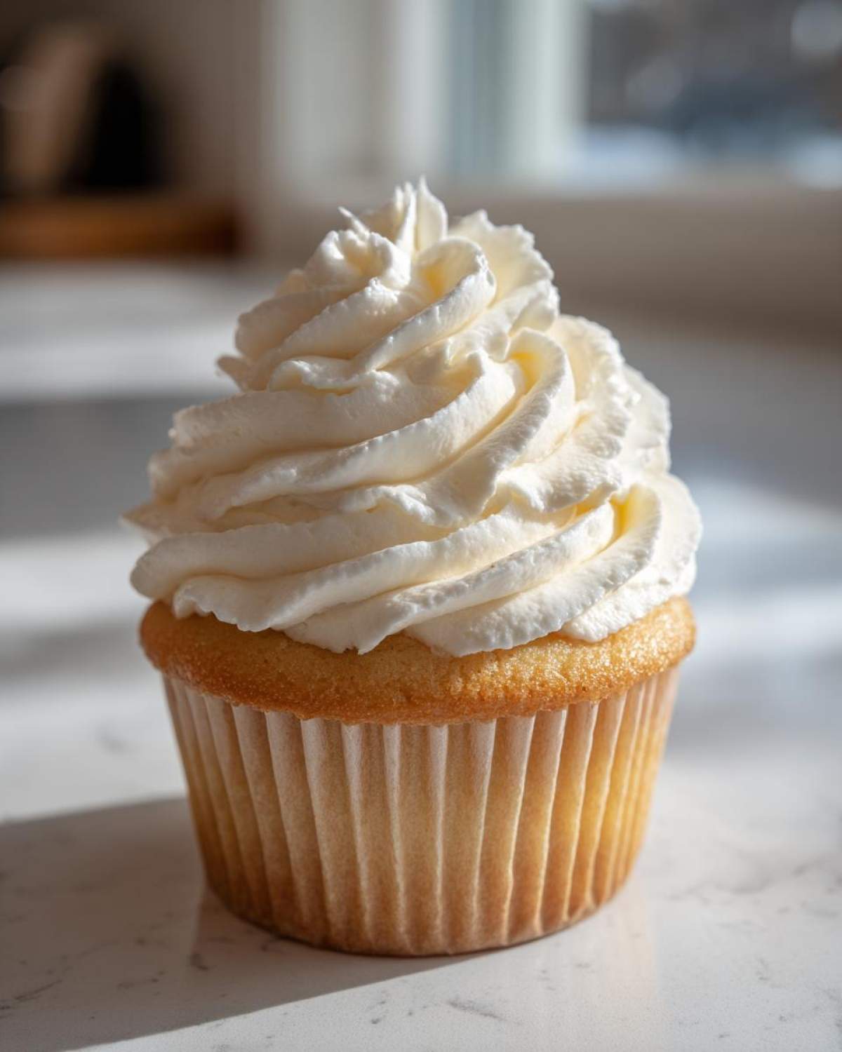 A single vanilla cupcake generously topped with perfectly piped vanilla buttercream frosting.