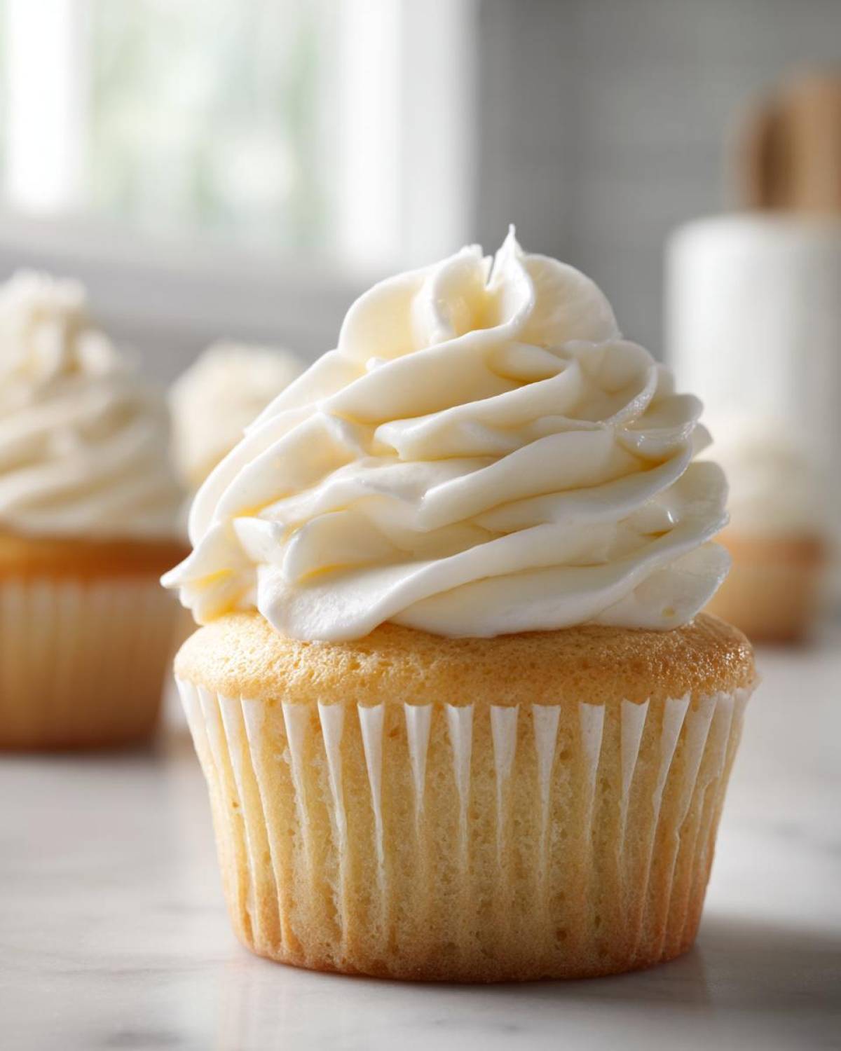 Close-up of a vanilla cupcake generously topped with swirls of creamy vanilla buttercream frosting.