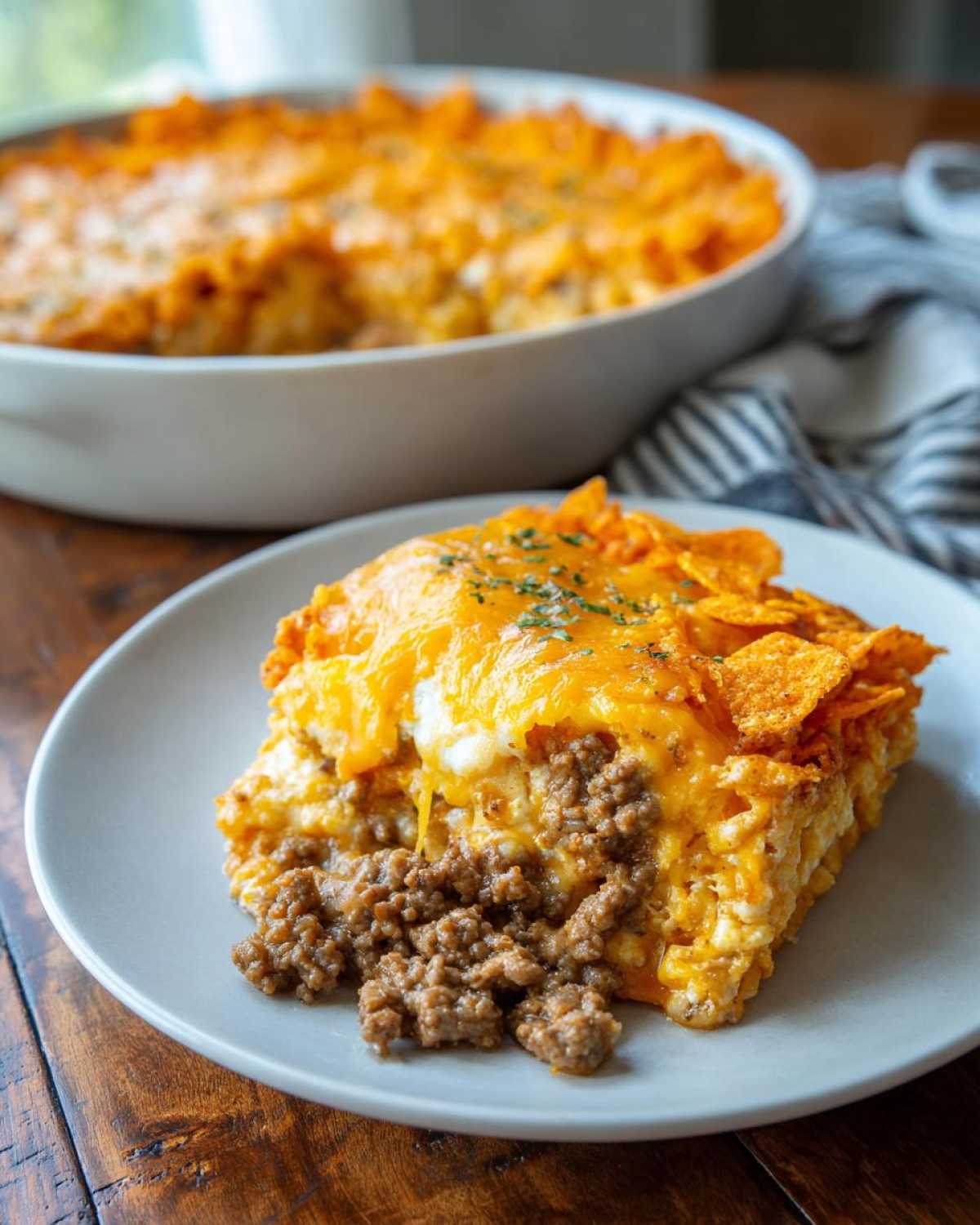 A slice of Dorito Casserole featuring layers of seasoned ground beef, cheese, and crushed chips on a plate.
