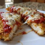 Close-up of Easy Chicken Parmesan cut in half showing melted cheese pull and crispy breading.