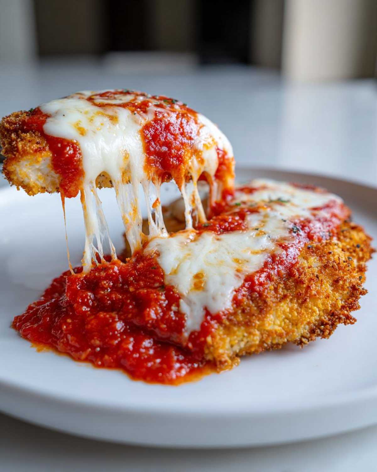 A piece of Easy Chicken Parmesan being lifted, showing melted mozzarella cheese stretching dramatically over rich tomato sauce.