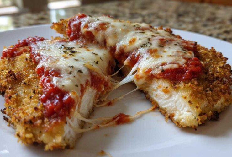 Close-up of Easy Chicken Parmesan cut in half showing melted cheese pull and crispy breading.