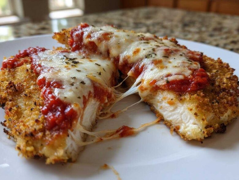 Close-up of Easy Chicken Parmesan cut in half showing melted cheese pull and crispy breading.